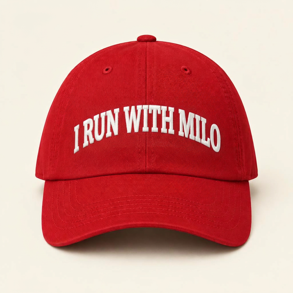 Red baseball cap embroidered with I RUN WITH MILO