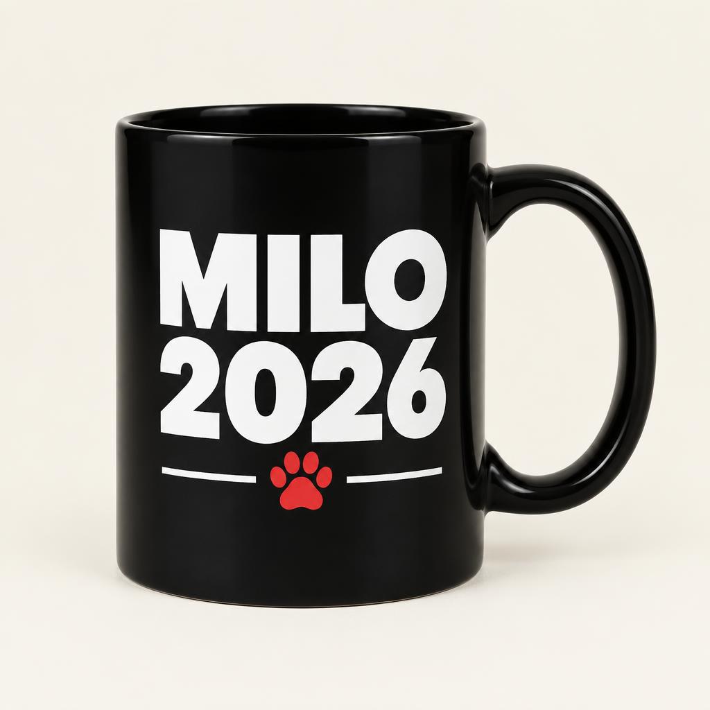 Black ceramic mug printed with MILO 2026 and a red paw print
