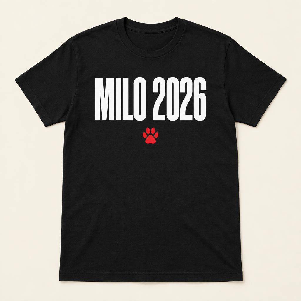 Black t-shirt printed with MILO 2026 and a red paw print